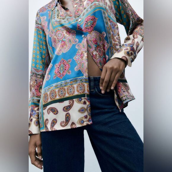 ZARA Patchwork scarf Print Satin Effect Shirt buttondown blouse boho 70’s Sz M - Picture 2 of 11